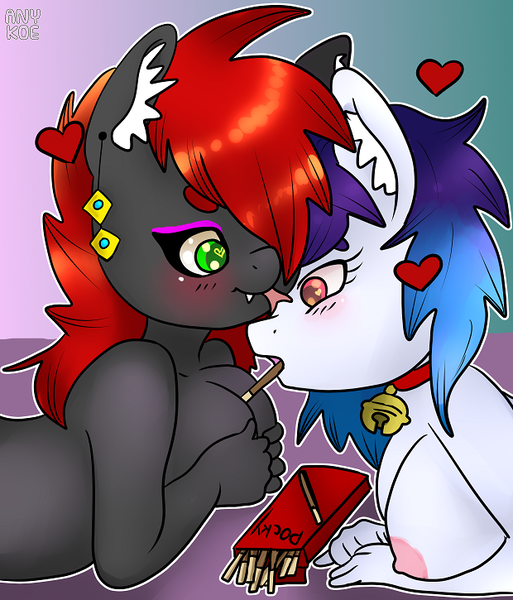 Size: 620x725 | Tagged: questionable, alternate version, artist:anykoe, derpibooru import, oc, oc:anguis flake, oc:anykoe, anthro, earth pony, lamia, original species, pony, bell, breasts, food, image, nightmare anguis, older, png, pocky