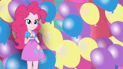 Size: 1920x1080 | Tagged: safe, derpibooru import, screencap, pinkie pie, human, equestria girls, ^^, animated, balloon, boots, clothes, cute, cutie mark, cutie mark on clothes, diapinkes, eyes closed, floating, geode of sugar bombs, high heel boots, image, jewelry, magical geodes, necklace, open mouth, open smile, pointing, shoes, smiling, solo, talking, talking to viewer, webm