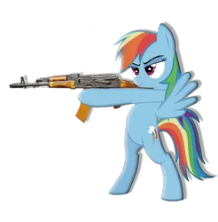 Size: 900x915 | Tagged: artist needed, safe, derpibooru import, rainbow dash, pegasus, pony, ak-74, gun, image, png, simple background, solo, spread wings, standing on two hooves, transparent background, weapon, wings