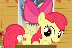 Size: 1300x867 | Tagged: safe, derpibooru import, screencap, apple bloom, earth pony, pony, crusaders of the lost mark, adorabloom, apple bloom's bow, bow, cute, cutie mark, female, filly, foal, hair bow, happy, image, png, smiling, solo, the cmc's cutie marks
