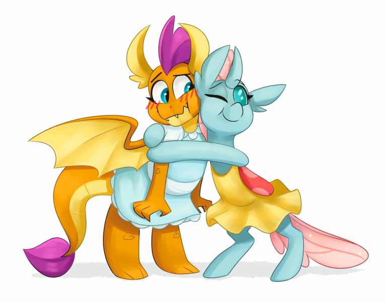 Size: 3894x3046 | Tagged: safe, artist:luximus17, derpibooru import, ocellus, smolder, changedling, changeling, dragon, blushing, clothes, commission, dragoness, dress, female, hug, image, lesbian, png, shipping, smolcellus