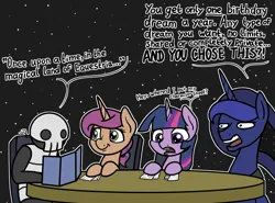 Size: 2047x1513 | Tagged: safe, artist:ewoudcponies, derpibooru import, princess luna, twilight sparkle, oc, oc:jazzy saddles, alicorn, pony, unicorn, female, horn, image, jpeg, unicorn oc