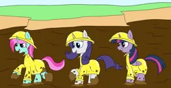 Size: 3500x1800 | Tagged: safe, artist:amateur-draw, derpibooru import, rarity, twilight sparkle, twilight sparkle (alicorn), oc, oc:belle boue, alicorn, pony, unicorn, female, hat, image, male, mare, mud, mud play, mud pony, muddy, muddy hooves, png, pvc, raincoat, rubber, simple background, stallion, wet and messy