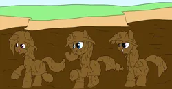 Size: 3500x1800 | Tagged: safe, artist:amateur-draw, derpibooru import, rarity, twilight sparkle, twilight sparkle (alicorn), oc, oc:belle boue, alicorn, pony, unicorn, clothes, covered in mud, female, hat, image, male, mare, mud, mud bath, mud play, mud pony, muddy, png, pvc, raincoat, stallion, wet and messy