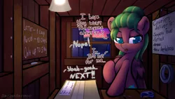 Size: 4096x2304 | Tagged: safe, artist:darbedarmoc, derpibooru import, oc, oc:melon heart, unofficial characters only, pegasus, pony, fallout equestria, blushing, cap, chalk, dialogue, hat, image, lamp, mail, nails, package, png, sign, standing, sunrise, table, tape, two toned mane, window