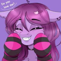 Size: 800x800 | Tagged: safe, artist:munrei, derpibooru import, oc, oc:purple fullmoon, bat pony, blushing, bust, choker, clothes, ear piercing, eyes closed, fangs, gloves, hair accessory, image, male, piercing, png, portrait, simple background, smiling, solo, striped gloves, text