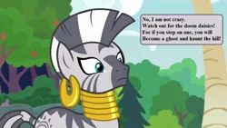 Size: 1280x720 | Tagged: safe, derpibooru import, edit, edited screencap, screencap, zecora, comic:my little pony (g1), g1, she talks to angel, g1 to g4, g4, generation leap, image, implied doom daisies, offscreen character, png, speech, speech bubble, talking, uh oh