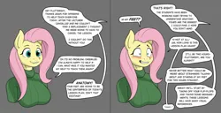 Size: 1920x985 | Tagged: suggestive, artist:nudeknightart, derpibooru import, fluttershy, anthro, blushing, breasts, busty fluttershy, clothes, comic, dialogue, embarrassed, feet, female, foot focus, gray background, grayscale, grin, image, implied cheerilee, jpeg, monochrome, nervous, nervous grin, offscreen character, simple background, smiling, solo, solo female, speech bubble, sweater, sweatershy