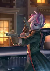 Size: 1527x2160 | Tagged: safe, artist:rublegun, derpibooru import, oc, unofficial characters only, anthro, building, car, dual wield, fingers, gun, handgun, image, male, outdoors, pistol, png, shooting, solo, town, weapon