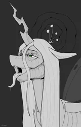 Size: 2125x3320 | Tagged: safe, artist:kirasunnight, derpibooru import, queen chrysalis, changeling, changeling queen, exoskeleton, female, grayscale, image, monochrome, open mouth, partial color, png, solo, tongue out