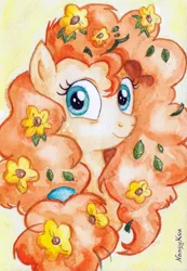 Size: 758x1098 | Tagged: safe, artist:nancyksu, derpibooru import, pear butter, earth pony, pony, season 7, the perfect pear, bust, female, flower, flower in hair, image, jpeg, looking at you, mare, messy mane, nancyksu, smiling, solo, traditional art