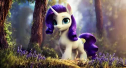 Size: 2816x1536 | Tagged: safe, derpibooru import, machine learning assisted, rarity, pony, unicorn, 16:9, depth of field, flower, forest, grass, image, lavender, outdoors, png, solo, tree, wallpaper