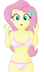 Size: 2500x4000 | Tagged: suggestive, artist:ah96, derpibooru import, edit, editor:ah96, fluttershy, human, equestria girls, belly button, bra, breasts, busty fluttershy, cleavage, clothes, female, frilly underwear, image, looking at you, ms paint, open mouth, panties, png, shading, simple background, solo, solo female, transparent background, underwear