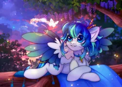 Size: 2600x1855 | Tagged: safe, artist:radioaxi, derpibooru import, oc, unofficial characters only, butterfly, insect, pegasus, pony, cloud, female, image, jewelry, jpeg, mare, necklace, rug, solo, spread wings, tree, wings