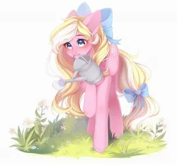 Size: 1823x1700 | Tagged: safe, artist:purrshen, derpibooru import, oc, oc:bay breeze, unofficial characters only, pegasus, pony, bow, female, flower, hair bow, image, jpeg, mare, mouth hold, raised hoof, solo, tail, tail bow, watering, watering can