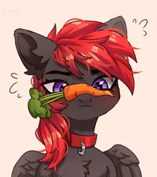 Size: 3620x4096 | Tagged: safe, artist:konejo, derpibooru import, oc, oc:hardy, unofficial characters only, pegasus, pony, behaving like a dog, carrot, collar, collar ring, cross-eyed, cute, female, food, image, jpeg, mare, simple background, solo