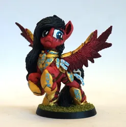 Size: 1254x1267 | Tagged: safe, artist:ubrosis, derpibooru import, oc, oc:steelsong, pegasus, pony, armor, armored pony, craft, female, figurine, image, jpeg, mare, miniature, photo, sculpture, solo, spread wings, wings