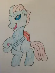 Size: 3024x4032 | Tagged: safe, artist:mintwhistle, derpibooru import, ocellus, changedling, changeling, g3, crayon drawing, female, g4, g4 to g3, generation leap, heart, image, jpeg, looking at you, open mouth, open smile, rearing, smiling, smiling at you, solo, style emulation, teenager, traditional art