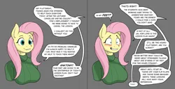 Size: 1920x985 | Tagged: suggestive, artist:nudeknightart, derpibooru import, fluttershy, anthro, blushing, breasts, busty fluttershy, clothes, comic, dialogue, embarrassed, feet, female, foot focus, gray background, grayscale, grin, image, implied cheerilee, monochrome, nervous, nervous grin, offscreen character, png, simple background, smiling, solo, solo female, speech bubble, sweater, sweatershy