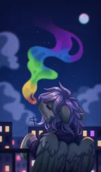 Size: 2375x4000 | Tagged: safe, artist:dedfriend, derpibooru import, oc, unofficial characters only, pegasus, pony, chromatic aberration, cigarette, city, clothes, eyes closed, image, night, pegasus oc, png, smoking, solo, wings