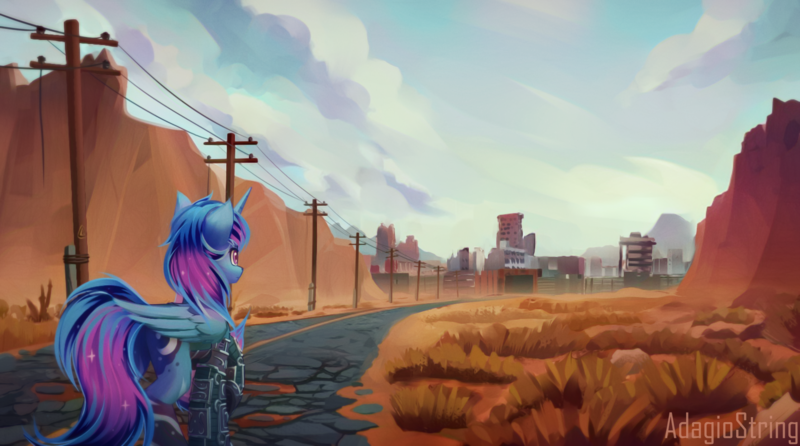 Size: 1580x880 | Tagged: safe, artist:adagiostring, derpibooru import, oc, unofficial characters only, alicorn, pony, fallout equestria, alicorn oc, armor, cliff, commission, desert, horn, image, looking away, parent:princess luna, png, power line, rear view, road, solo, town, wings