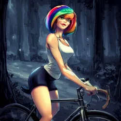 Size: 900x900 | Tagged: safe, derpibooru import, machine learning generated, stable diffusion, rainbow dash, human, equestria girls, legend of everfree, bicycle, bike shorts, clothes, compression shorts, female, forest, humanized, image, jpeg, night, shorts, solo, tanktop, tree, wrong eye color