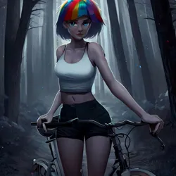 Size: 900x900 | Tagged: safe, derpibooru import, machine learning generated, stable diffusion, rainbow dash, equestria girls, legend of everfree, bicycle, bike shorts, clothes, compression shorts, forest, image, jpeg, midriff, night, shorts, solo, standing, tanktop, tree