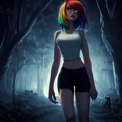 Size: 900x900 | Tagged: safe, derpibooru import, machine learning generated, stable diffusion, rainbow dash, equestria girls, legend of everfree, bicycle, bike shorts, clothes, compression shorts, forest, image, jpeg, midriff, night, shorts, solo, tanktop, tree, walking