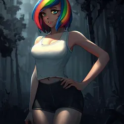Size: 900x900 | Tagged: safe, derpibooru import, machine learning generated, stable diffusion, rainbow dash, equestria girls, legend of everfree, bike shorts, clothes, compression shorts, forest, hand on hip, image, jpeg, midriff, night, solo, standing, tanktop, tree, wrong eye color