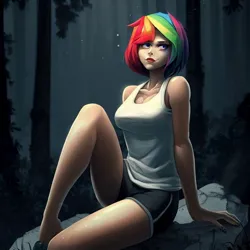 Size: 900x900 | Tagged: safe, derpibooru import, machine learning generated, stable diffusion, rainbow dash, equestria girls, clothes, everfree forest, female, forest, image, jpeg, night, rock, shorts, sitting, solo, tanktop, tree, wrong eye color