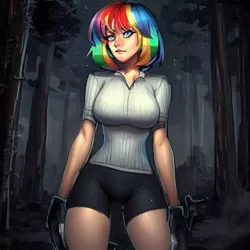 Size: 900x900 | Tagged: safe, derpibooru import, machine learning generated, stable diffusion, rainbow dash, equestria girls, legend of everfree, bike shorts, clothes, compression shorts, female, forest, gloves, image, jpeg, night, shorts, solo, sports outfit, tree