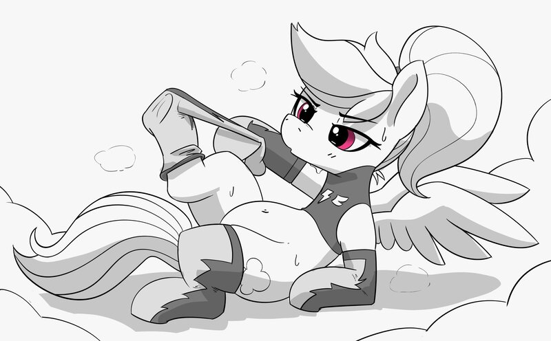 Size: 2500x1549 | Tagged: safe, artist:pabbley, derpibooru import, rainbow dash, pegasus, pony, alternate hairstyle, belly, belly button, clothes, cloud, female, grayscale, image, jpeg, lying down, lying on a cloud, mare, monochrome, on a cloud, on back, partial color, ponytail, socks, solo, spread wings, undressing, uniform, wings, wonderbolts uniform