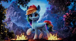 Size: 2816x1536 | Tagged: safe, derpibooru import, machine learning assisted, rainbow dash, pegasus, pony, 16:9, brazier, fire, foliage, image, mountain, outdoors, png, solo, wallpaper