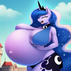 Size: 640x640 | Tagged: suggestive, machine learning generated, novelai, stable diffusion, princess luna, anthro, belly, big belly, big breasts, breasts, busty princess luna, castle, eyes closed, hands on breasts, image, open mouth, png, pregnant