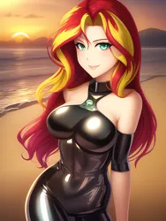Size: 1020x1360 | Tagged: safe, derpibooru import, editor:sammykun, machine learning generated, stable diffusion, sunset shimmer, human, equestria girls, bare shoulders, beach, belly button, bodysuit, breasts, busty sunset shimmer, choker, clothes, female, humanized, image, latex, latex suit, lips, long hair, looking at you, mountain, mountain range, png, rubber, rubber suit, shiny, skintight clothes, sleeveless, solo, solo female, stupid sexy sunset shimmer, sunset, tight clothing