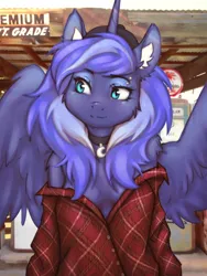 Size: 1140x1520 | Tagged: safe, artist:elronya, derpibooru import, princess luna, alicorn, anthro, horse, pony, absolute cleavage, breasts, cap, cleavage, clothes, collar, cute, female, fluffy, freckles, furry, hat, horn, image, jpeg, off shoulder, piercing, shirt, teenager