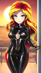 Size: 864x1536 | Tagged: suggestive, derpibooru import, editor:sammykun, machine learning generated, stable diffusion, sunset shimmer, human, equestria girls, belly button, bodysuit, boob window, breasts, busty sunset shimmer, clothes, female, humanized, image, latex, latex suit, lips, long hair, looking at you, png, rubber, rubber suit, shiny, skintight clothes, solo, solo female, stupid sexy sunset shimmer, sunset, sweater, tight clothing, turtleneck