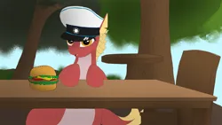 Size: 1920x1080 | Tagged: safe, artist:puginpocket, derpibooru import, oc, oc:posada, unofficial characters only, seapony (g4), equestria at war mod, burger, chair, clothes, female, food, hat, image, military uniform, png, sitting, sky, solo, table, tree, uniform