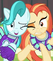 Size: 808x926 | Tagged: safe, derpibooru import, screencap, lighthoof, shimmy shake, earth pony, pony, 2 4 6 greaaat, season 9, spoiler:s09, bonk, buckball court, buckball field, cheerleader, cheerleader outfit, clothes, cropped, duo, duo female, eyeshadow, female, grimace, image, looking at you, makeup, mare, one eye closed, ouch, png, pom pom