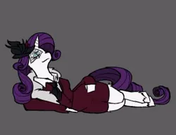 Size: 450x345 | Tagged: safe, artist:xportbob, derpibooru import, rarity, anthro, unguligrade anthro, unicorn, clothes, detective rarity, eyeshadow, flower, flower in hair, image, jpeg, looking at you, lying down, makeup, necktie, shirt, side, skirt, solo, suit, unshorn fetlocks, veil