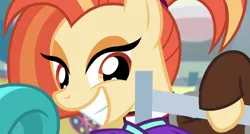 Size: 863x462 | Tagged: safe, derpibooru import, screencap, lighthoof, shimmy shake, earth pony, pony, 2 4 6 greaaat, cheerleader, cheerleader outfit, clothes, cropped, cute, eyeshadow, female, grin, image, lidded eyes, makeup, mare, offscreen character, png, shakeabetes, smiling, solo focus, wide grin