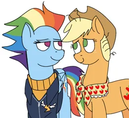 Size: 540x495 | Tagged: safe, artist:nonameorous, derpibooru import, applejack, rainbow dash, the last problem, appledash, clothes, duo, duo female, female, image, lesbian, looking at each other, looking at someone, png, shipping, simple background, smiling, white background