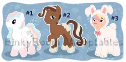 Size: 1386x682 | Tagged: safe, artist:binkyroom, derpibooru import, oc, pegasus, pony, unicorn, adoptable, ambiguous gender, chocolate, clothes, costume, cute, easter, food, group, holiday, image, pastel, png, ribbon, trio