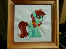 Size: 5152x3864 | Tagged: safe, artist:lightdragon1988, derpibooru import, earth pony, pony, apple, candy apple (food), cross stitch, embroidery, female, food, frame, image, irl, jpeg, photo, solo, traditional art