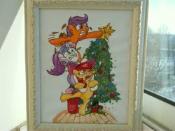 Size: 5152x3864 | Tagged: safe, artist:lightdragon1988, artist:mattings, derpibooru import, apple bloom, scootaloo, sweetie belle, earth pony, pegasus, pony, adorabloom, apple bloom's bow, bow, christmas, christmas tree, cross stitch, cute, cutealoo, cutie mark crusaders, diasweetes, female, filly, hair bow, holiday, image, irl, jpeg, photo, traditional art, tree