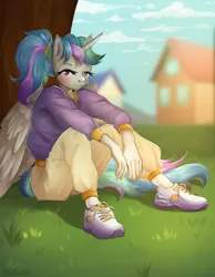 Size: 1000x1290 | Tagged: safe, artist:blueomlette, derpibooru import, princess celestia, alicorn, anthro, plantigrade anthro, alternate hairstyle, belt, blushing, clothes, cloud, eyebrows, eyelashes, female, grass, hair tie, horn, image, jacket, looking at you, multicolored hair, outdoors, pants, pegasus wings, png, ponytail, shade, shoes, sitting, sky, smiling, sneakers, solo, sports outfit, tree, unicorn horn, wings