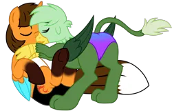 Size: 5313x3419 | Tagged: suggestive, alternate version, artist:ejlightning007arts, artist:mary2702, derpibooru import, edit, oc, oc:ej, oc:gregory griffin, unofficial characters only, alicorn, fox, fox pony, gryphon, hybrid, pony, alicorn oc, base used, butt, clothes, coat markings, colored wings, ej foxy butt, ejgory, eyes closed, gay, griffon oc, griffon on pony action, horn, image, interspecies, kissing, male, oc x oc, plot, png, shipping, simple background, socks (coat marking), speedo, swimsuit, transparent background, vector, wings