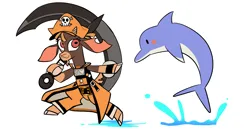 Size: 5000x2580 | Tagged: safe, artist:nonameorous, derpibooru import, dolphin, them's fightin' herds, anchor, bipedal, cap, clothes, cloven hooves, coat markings, community related, crossover, dreadlocks, duo, guilty gear, hat, hoof hold, horn, image, looking away, png, running, shanty (tfh), simple background, torn ear, water, white background