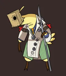 Size: 2600x3000 | Tagged: safe, artist:nonameorous, derpibooru import, alpaca, them's fightin' herds, bag, bipedal, brown background, clothes, community related, crossover, guilty gear, hoof hold, image, necktie, paper bag, paprika (tfh), png, simple background, solo, standing