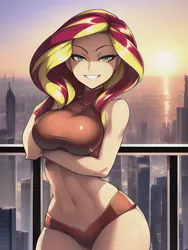 Size: 1020x1360 | Tagged: suggestive, derpibooru import, editor:sammykun, machine learning generated, stable diffusion, sunset shimmer, human, equestria girls, athletic, breast hold, breasts, busty sunset shimmer, city, cityscape, clothes, humanized, image, legs, lidded eyes, looking at you, midriff, ocean, panties, png, railing, sexy, shirt, smiling, smiling at you, sunset, teeth, underwear, uni dream ai, water